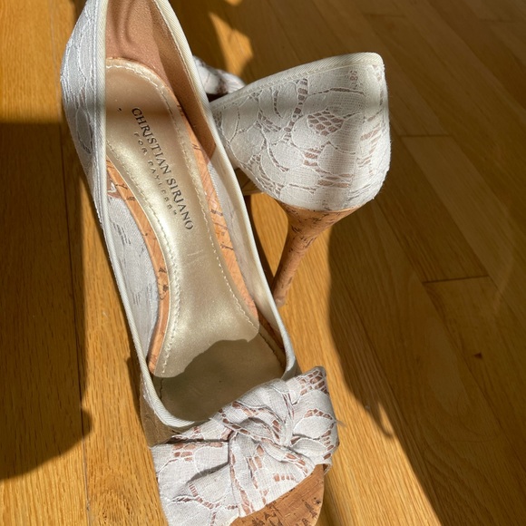 White lace open toe cork heels shoes 8.5 - Picture 13 of 13
